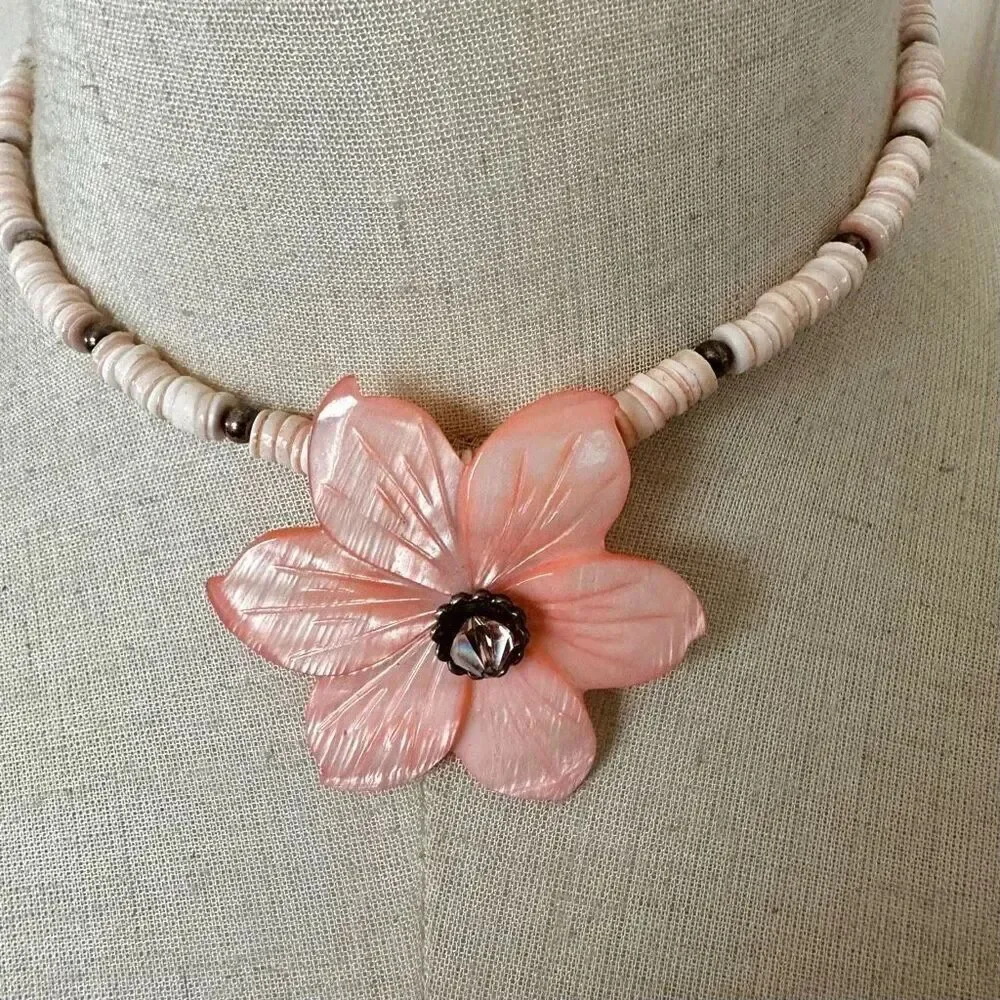 Sterling silver pink abalone flower beaded necklace